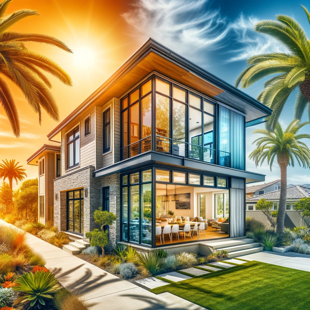 Illustration of a modern San Diego home showcasing a comparison between new energy-efficient windows and older windows, set against a sunny landscape with palm trees.