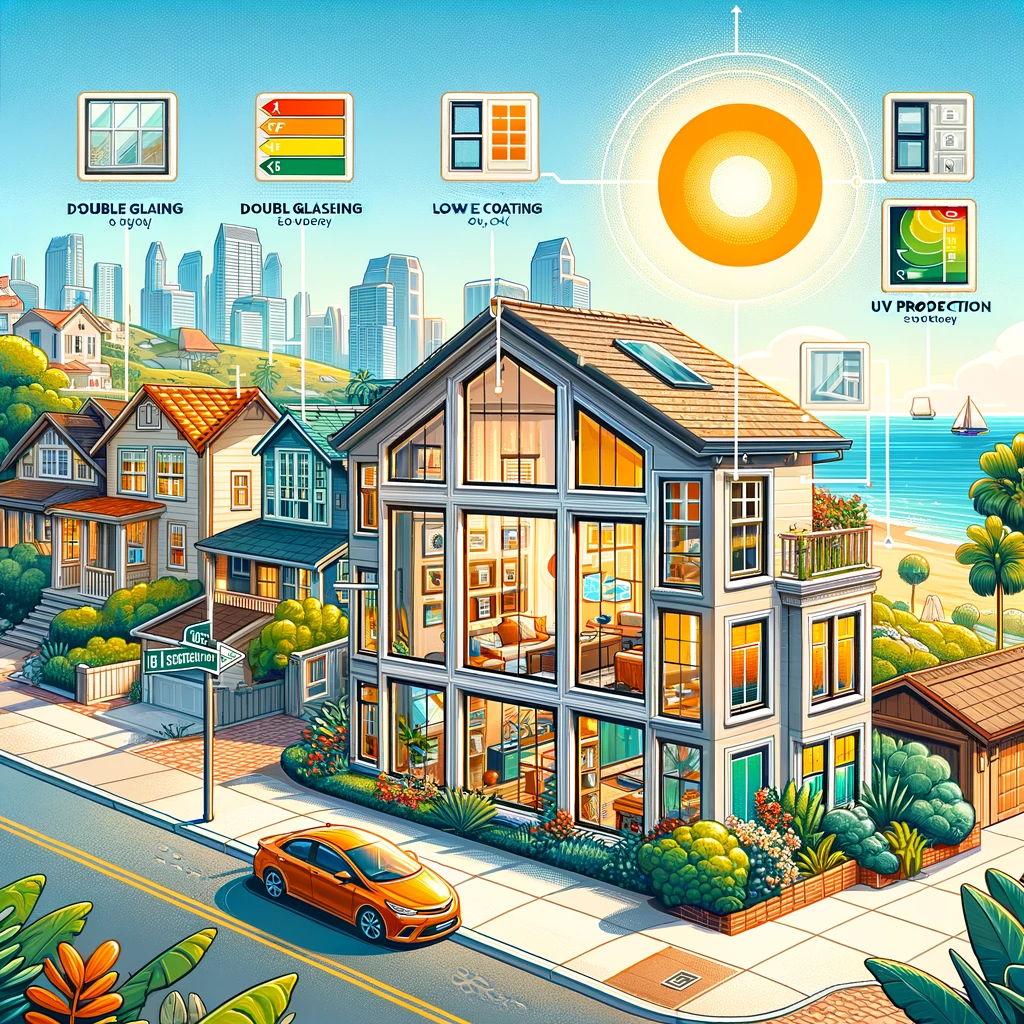 A variety of energy-efficient window types in a sunny San Diego neighborhood, each with labels highlighting features like double glazing and UV protection.
