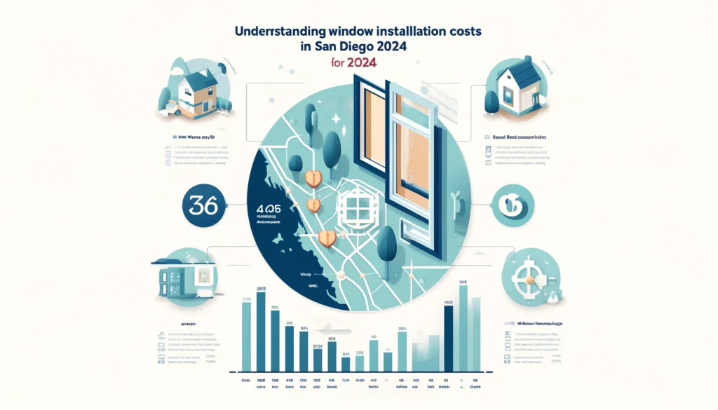 Infographic showing various factors affecting window installation costs in San Diego for 2024, including a map, cost comparisons for different window types, and influencing factors.