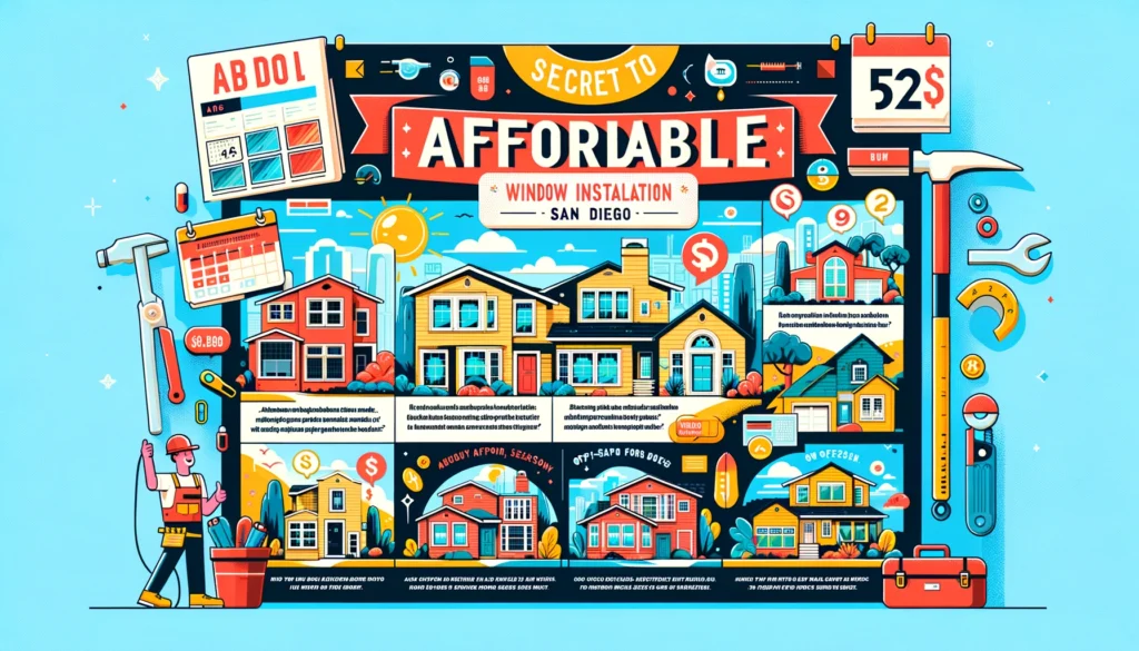 A colorful infographic depicting various affordable window installation options in San Diego, with a sunny backdrop and homes with different window styles.