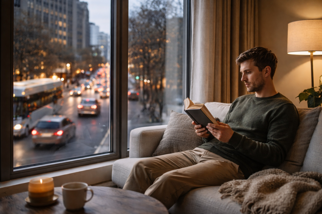 Relaxed reading in city apartment