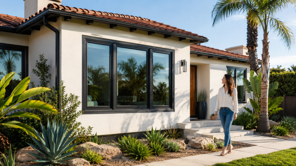 Modern Spanish-style house with palms